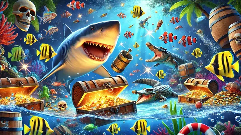 Layar permainan tembak ikan REJEKI dengan target bawah laut berwarna